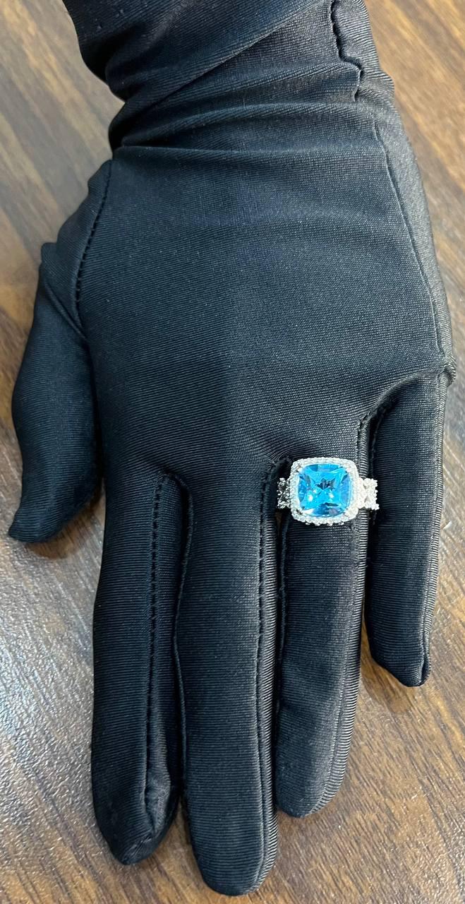 Cushion Shape Swiss Blue Topaz 14K White Gold Diamonds Halo Thick Band Ring