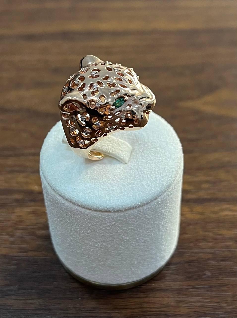 Panther Lioness Leopard Diamonds Jaguar Gold Statement Full Finger Emerald Ring