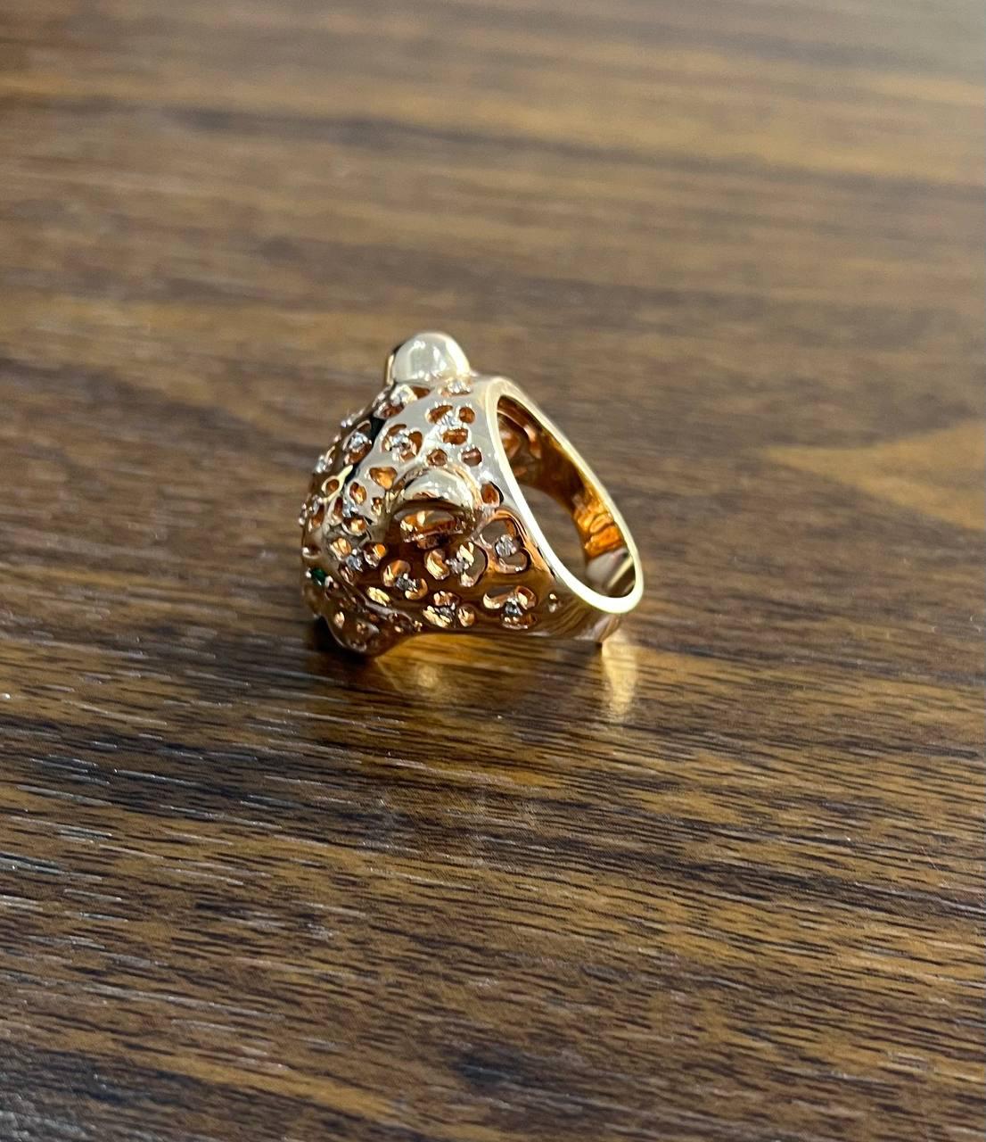 Panther Lioness Leopard Diamonds Jaguar Gold Statement Full Finger Emerald Ring