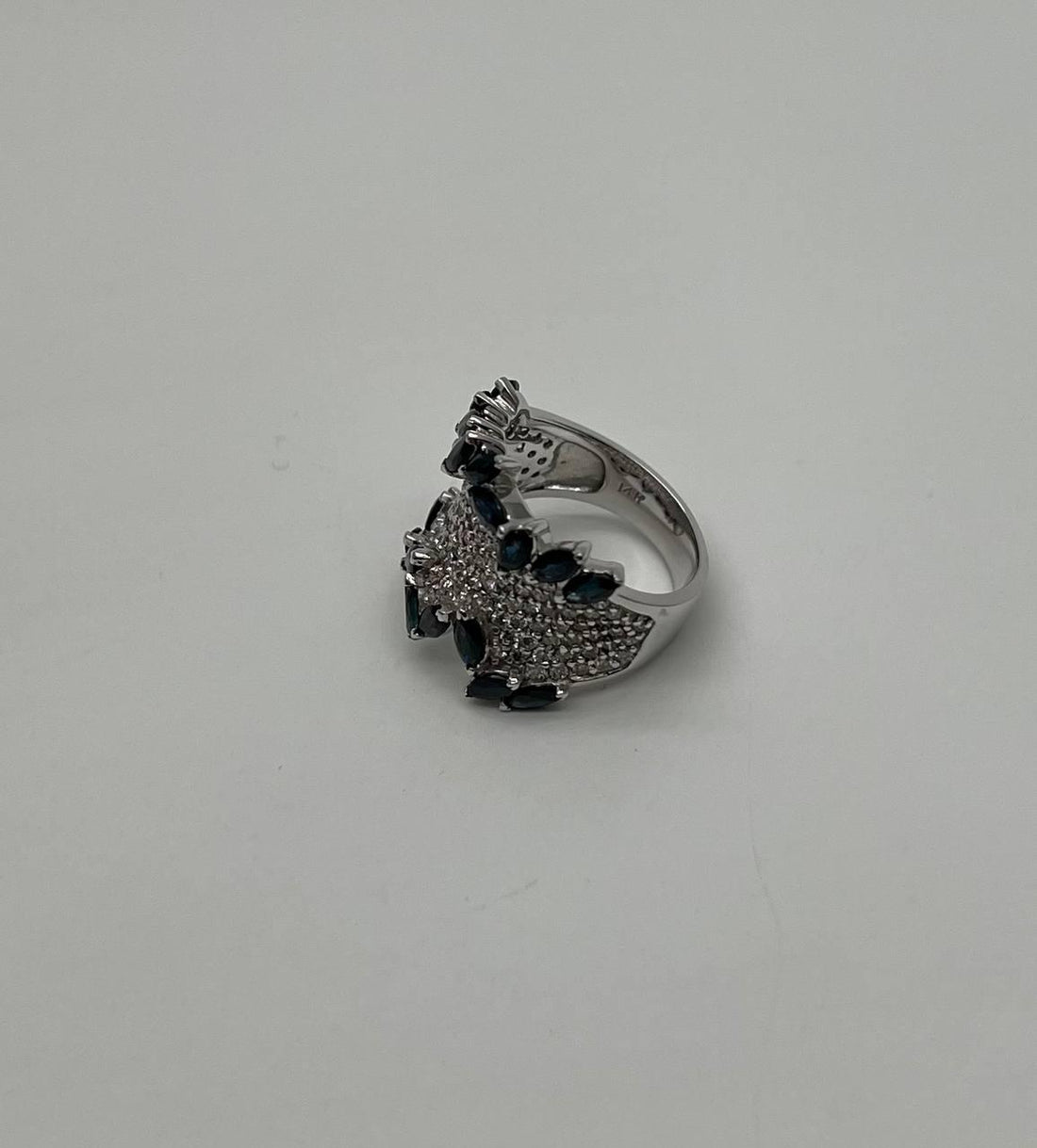 Blue Sapphire Marquise Shape Diamond Pave Set 14K White Gold Statement Band Ring