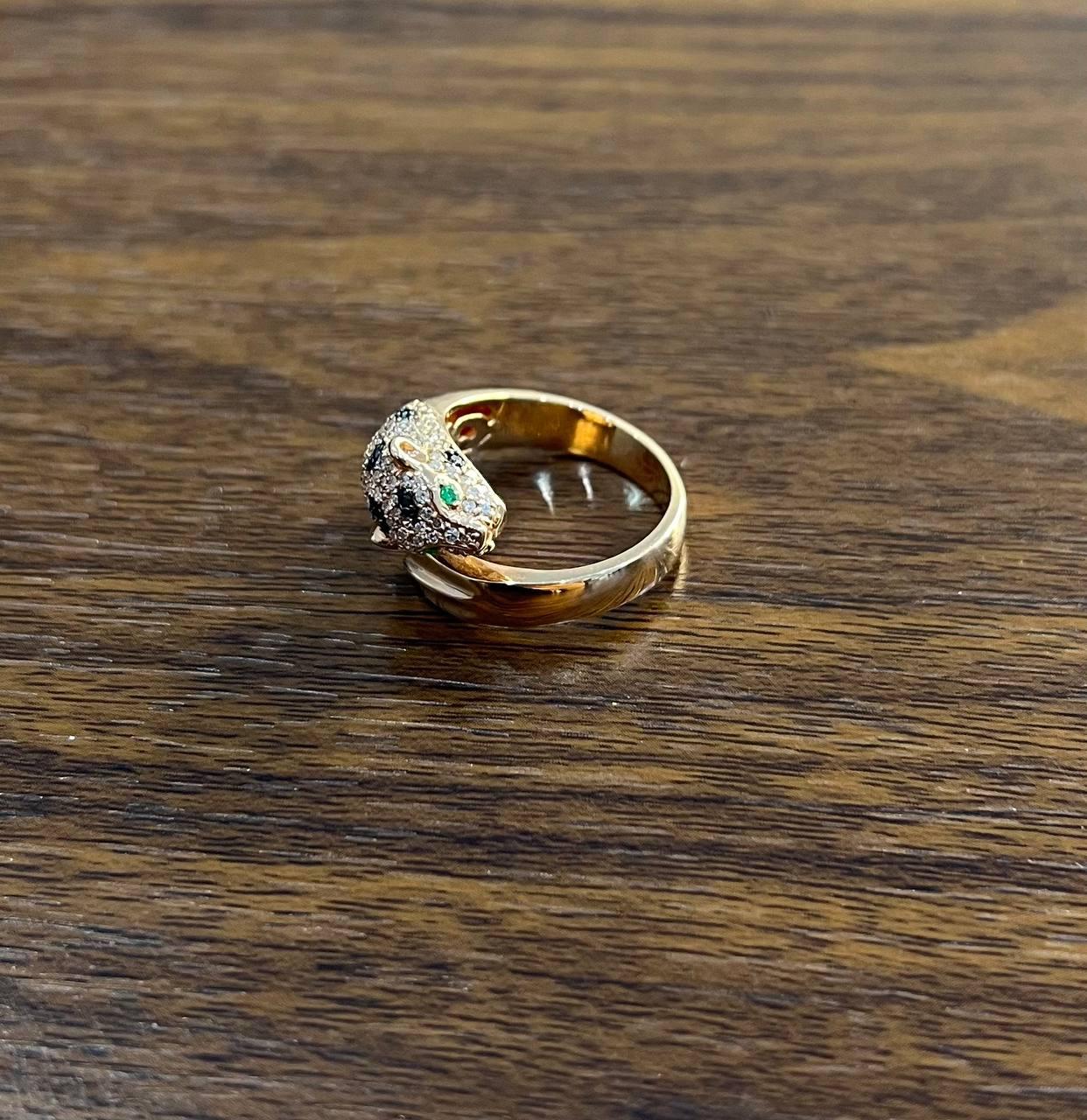 Spotted Leopard Panther Jaguar Diamond Pave 14K Rose Gold Emerald Eyes Ring