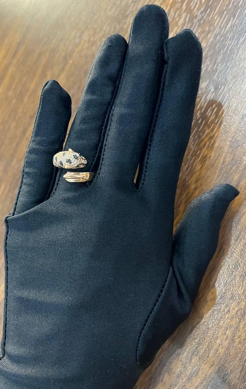 Spotted Leopard Panther Jaguar Diamond Pave 14K Rose Gold Emerald Eyes Ring