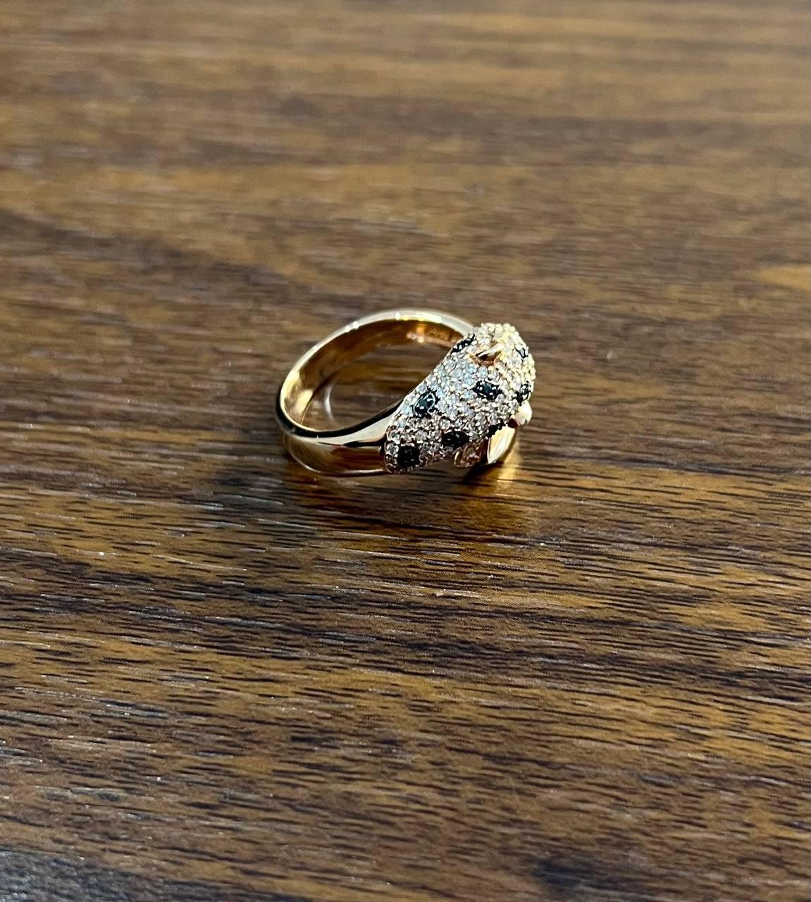 Spotted Leopard Panther Jaguar Diamond Pave 14K Rose Gold Emerald Eyes Ring