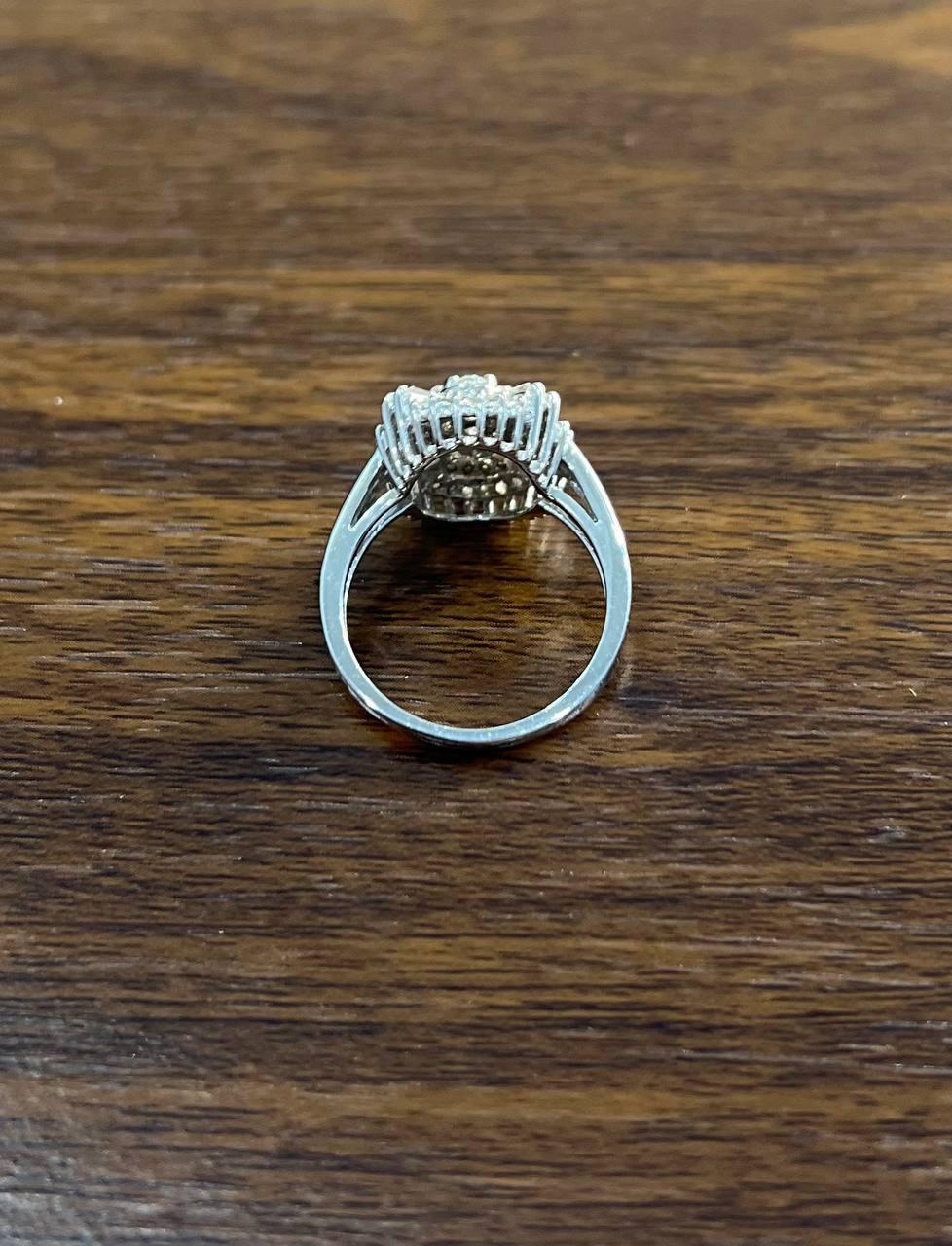 Brilliant Diamond Cluster Round Shape & Baguette 14K White Gold Statement Ring