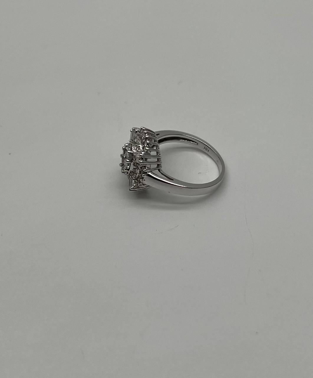 Brilliant Diamond Cluster Round Shape & Baguette 14K White Gold Statement Ring