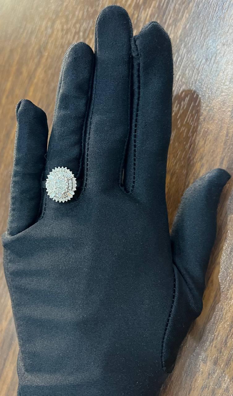 Brilliant Diamond Cluster Round Shape & Baguette 14K White Gold Statement Ring