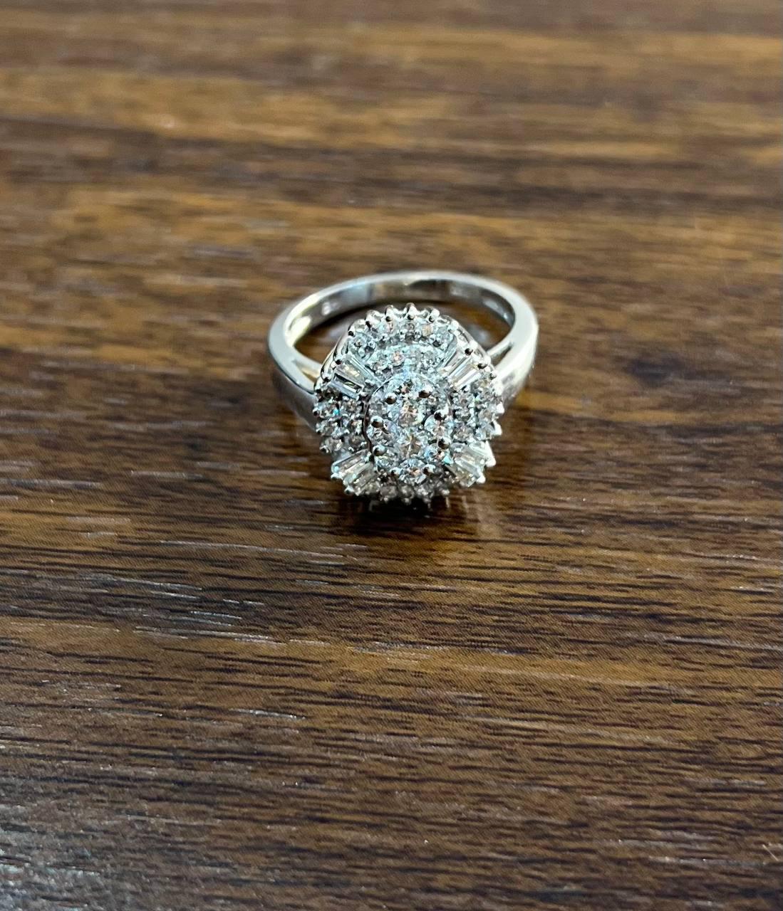 Brilliant Diamond Cluster Round Shape & Baguette 14K White Gold Statement Ring