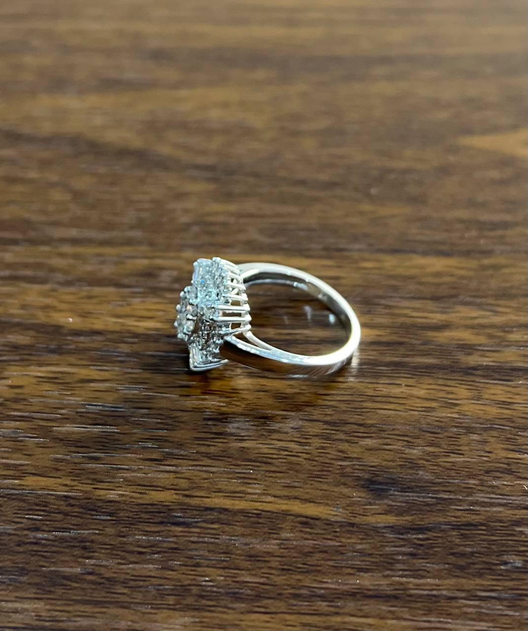 Brilliant Diamond Cluster Round Shape & Baguette 14K White Gold Statement Ring