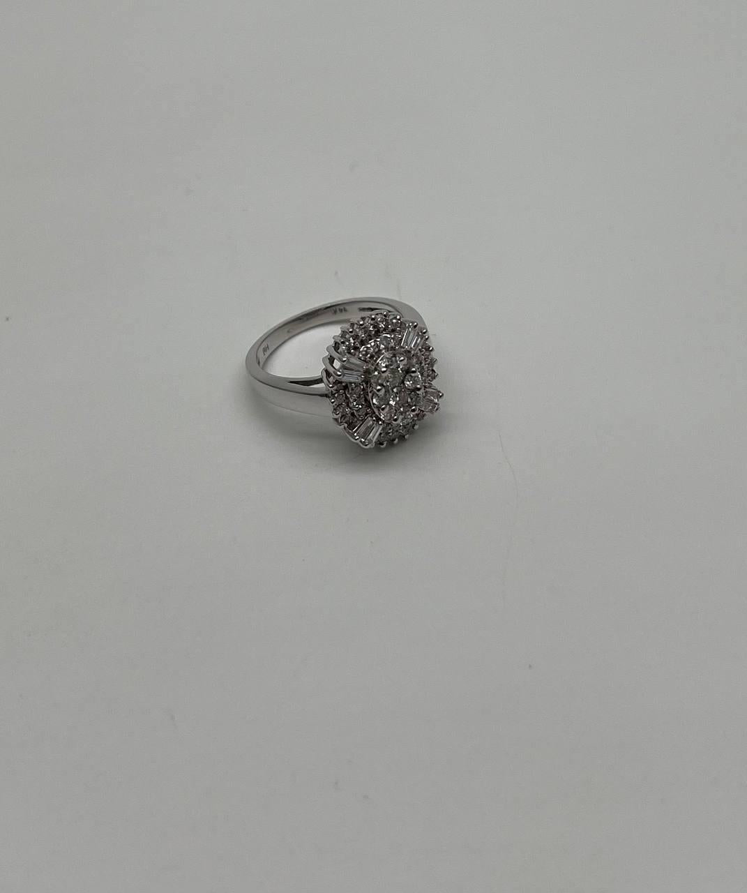 Brilliant Diamond Cluster Round Shape & Baguette 14K White Gold Statement Ring