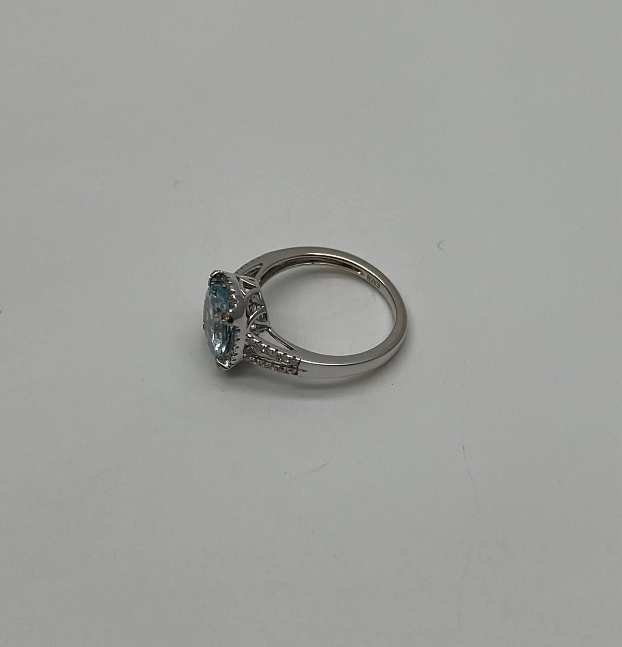 Oval Cut Blue Aquamarine Diamond Halo Pave 14K White Gold Statement Ring