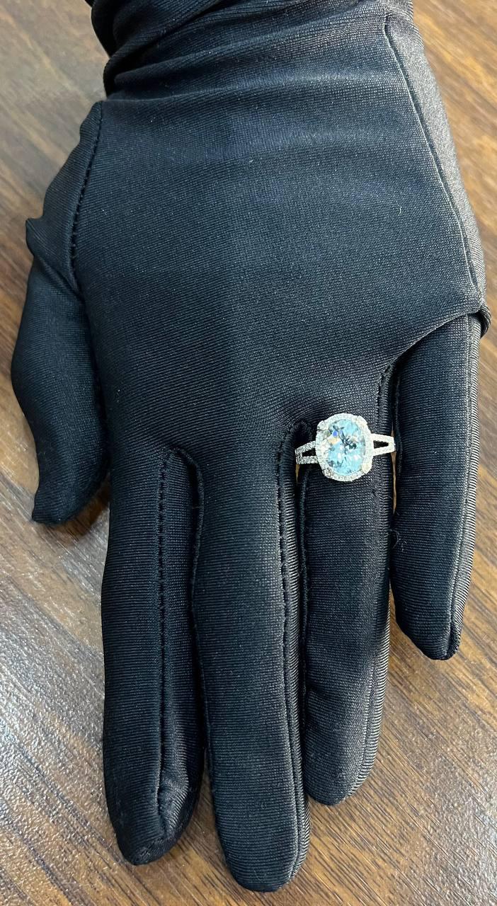 Oval Cut Blue Aquamarine Diamond Halo Pave 14K White Gold Statement Ring