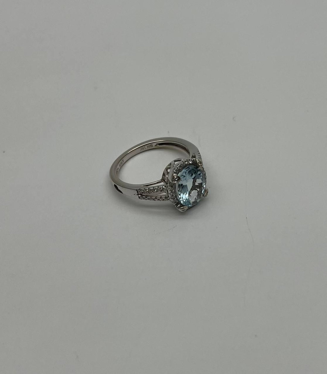 Oval Cut Blue Aquamarine Diamond Halo Pave 14K White Gold Statement Ring