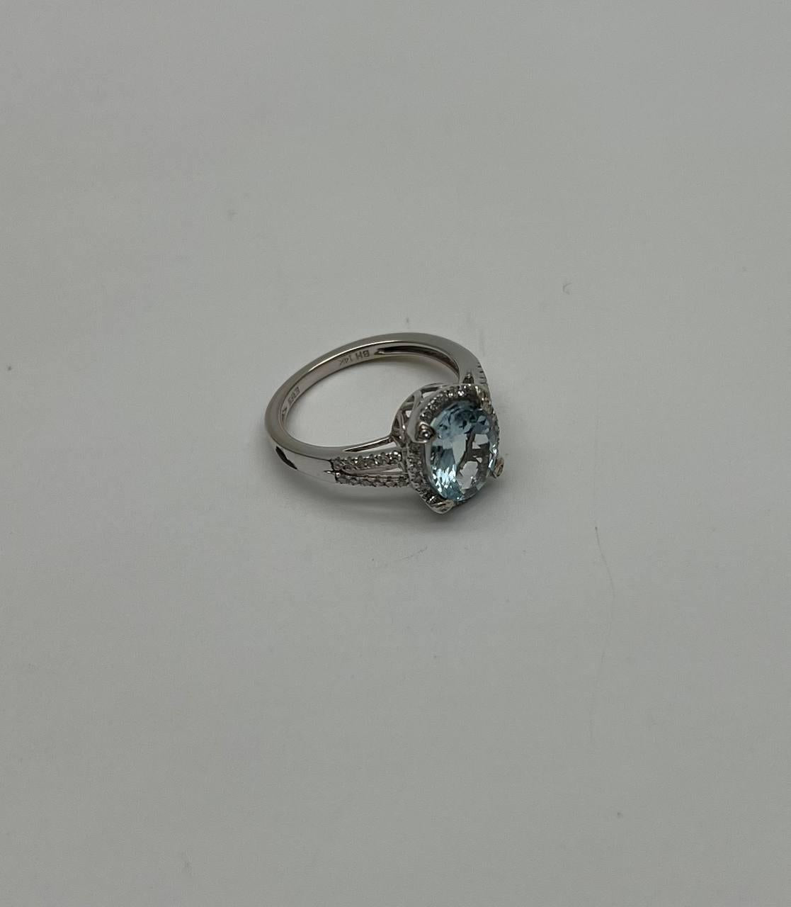 Oval Cut Blue Aquamarine Diamond Halo Pave 14K White Gold Statement Ring
