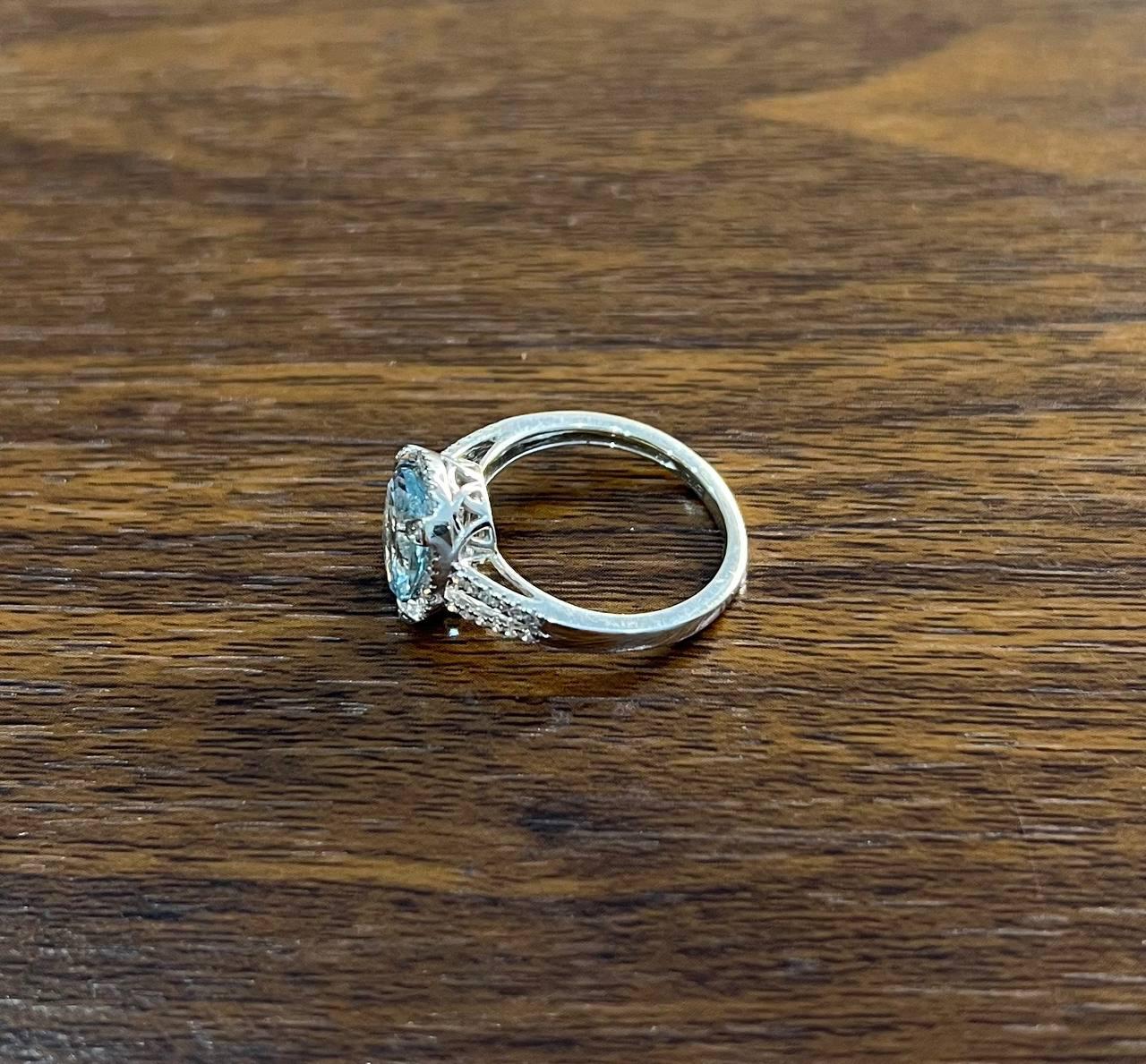 Oval Cut Blue Aquamarine Diamond Halo Pave 14K White Gold Statement Ring