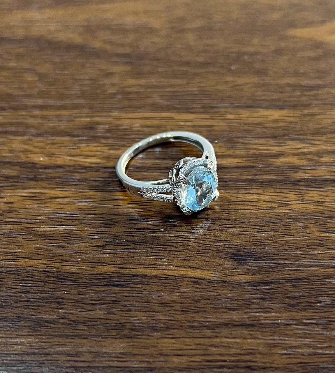 Oval Cut Blue Aquamarine Diamond Halo Pave 14K White Gold Statement Ring