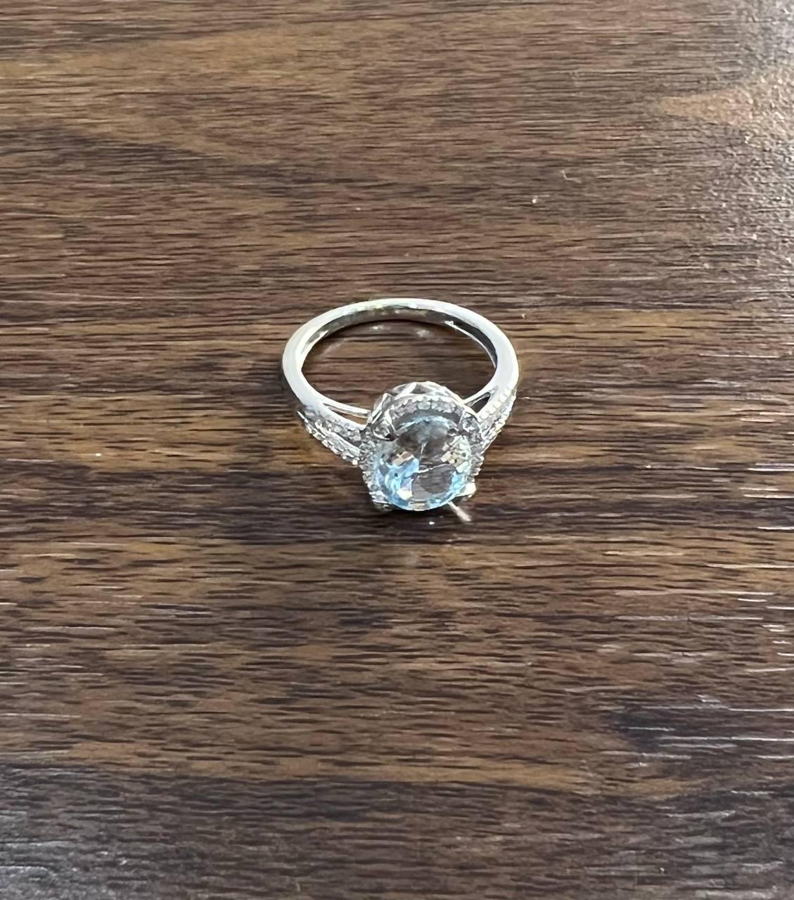 Oval Cut Blue Aquamarine Diamond Halo Pave 14K White Gold Statement Ring