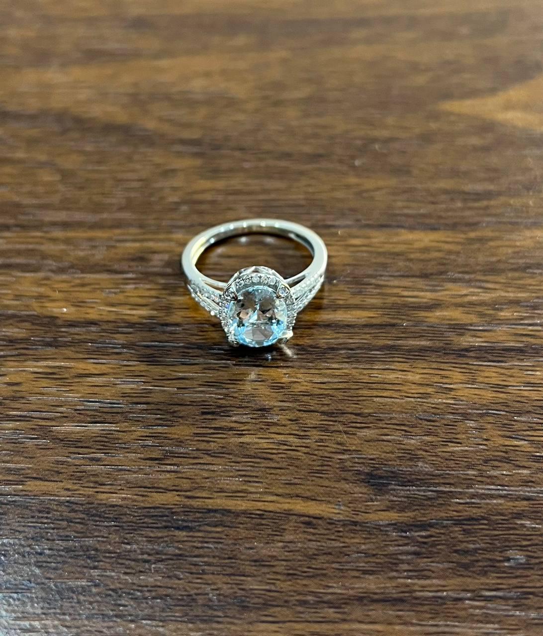 Oval Cut Blue Aquamarine Diamond Halo Pave 14K White Gold Statement Ring