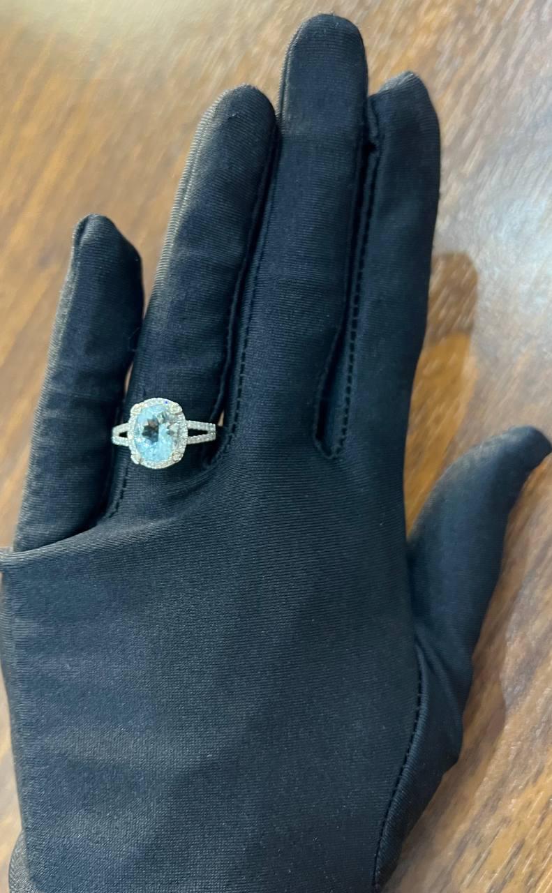 Oval Cut Blue Aquamarine Diamond Halo Pave 14K White Gold Statement Ring