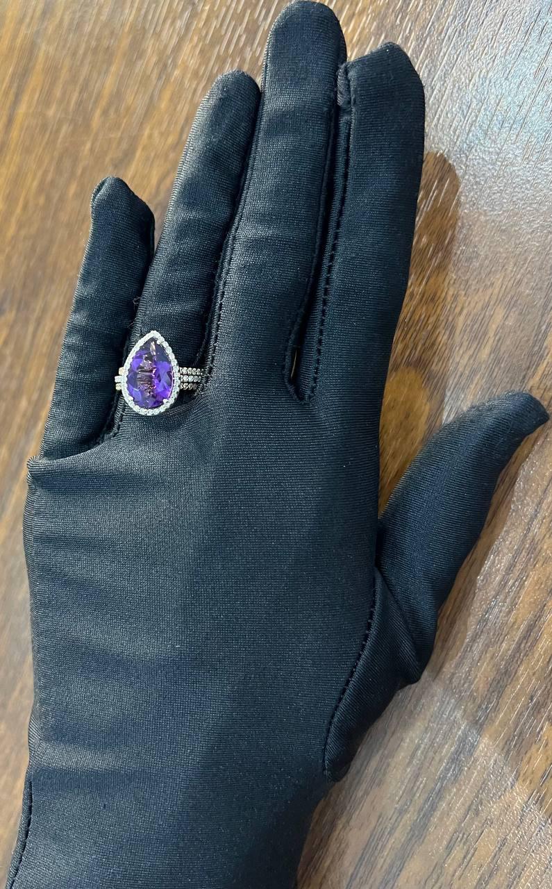 Pear Teardrop Shape Purple Violet Amethyst Diamond Halo 14K Gold Multiband Ring