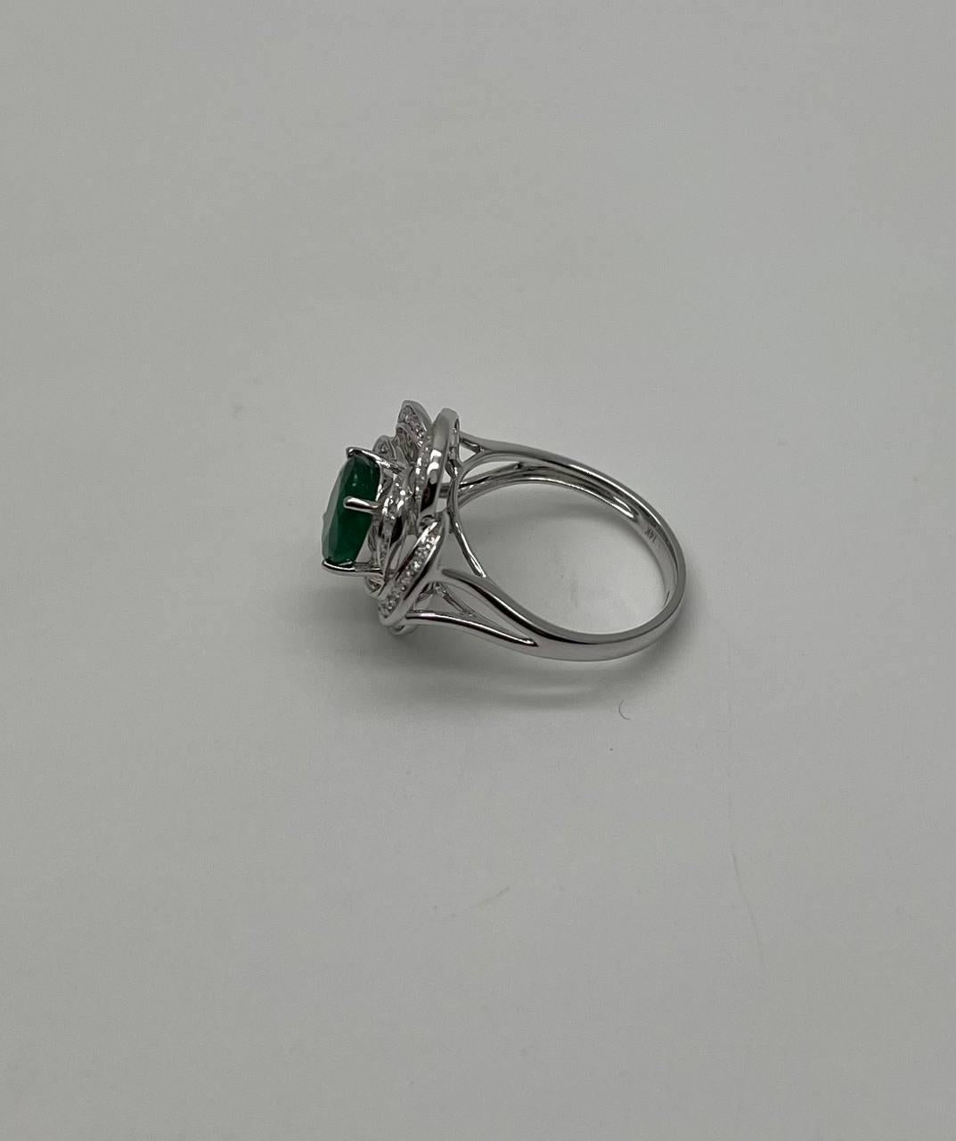 Oval Shape Green Emerald 14K White Gold Diamond Halo Floral Flower Spirals Ring