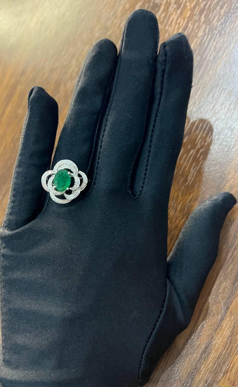 Oval Shape Green Emerald 14K White Gold Diamond Halo Floral Flower Spirals Ring