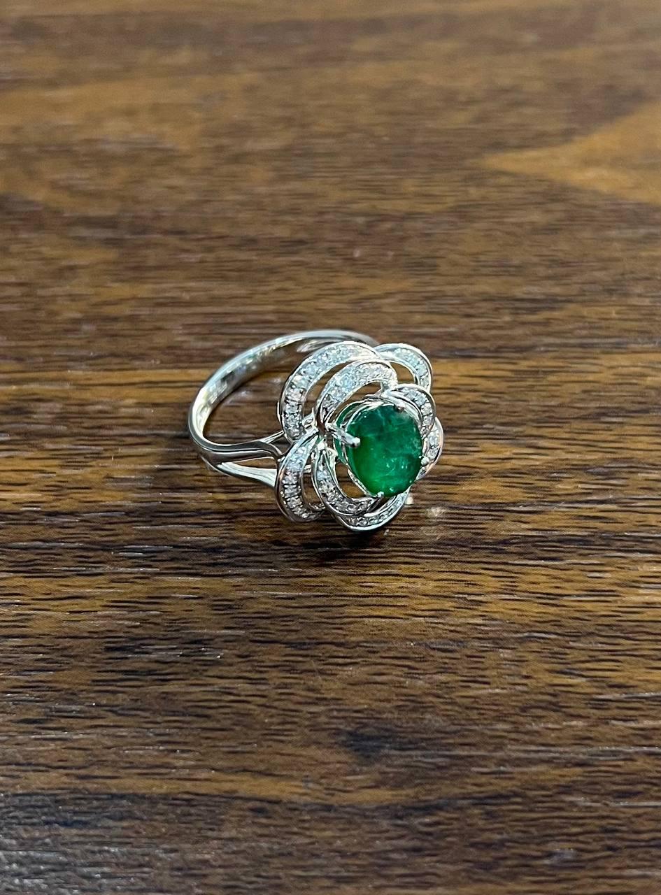 Oval Shape Green Emerald 14K White Gold Diamond Halo Floral Flower Spirals Ring