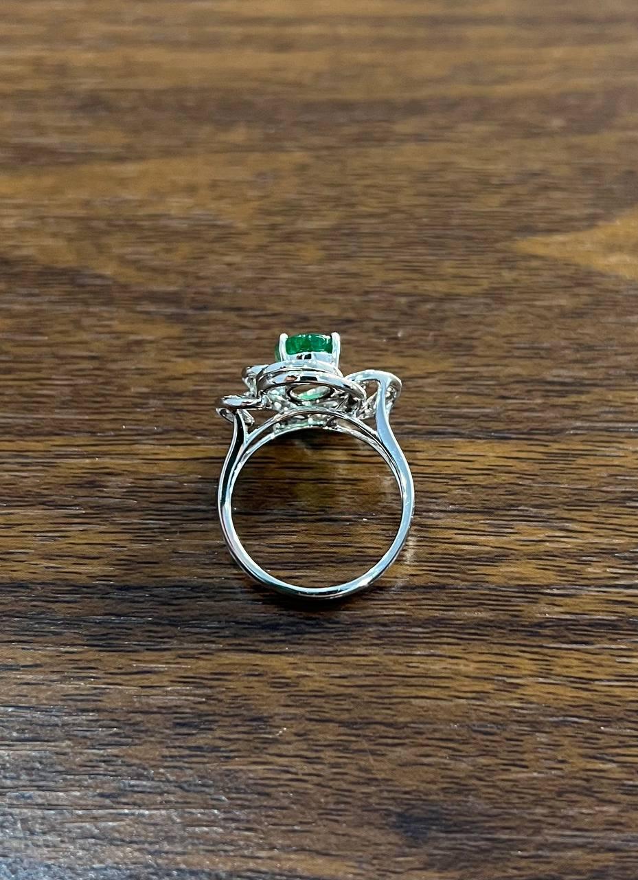 Oval Shape Green Emerald 14K White Gold Diamond Halo Floral Flower Spirals Ring