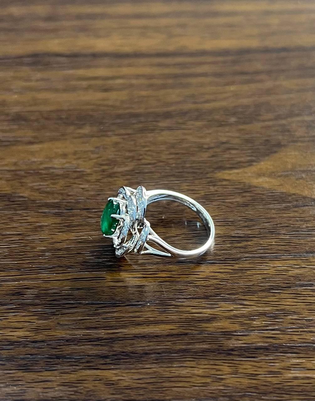 Oval Shape Green Emerald 14K White Gold Diamond Halo Floral Flower Spirals Ring