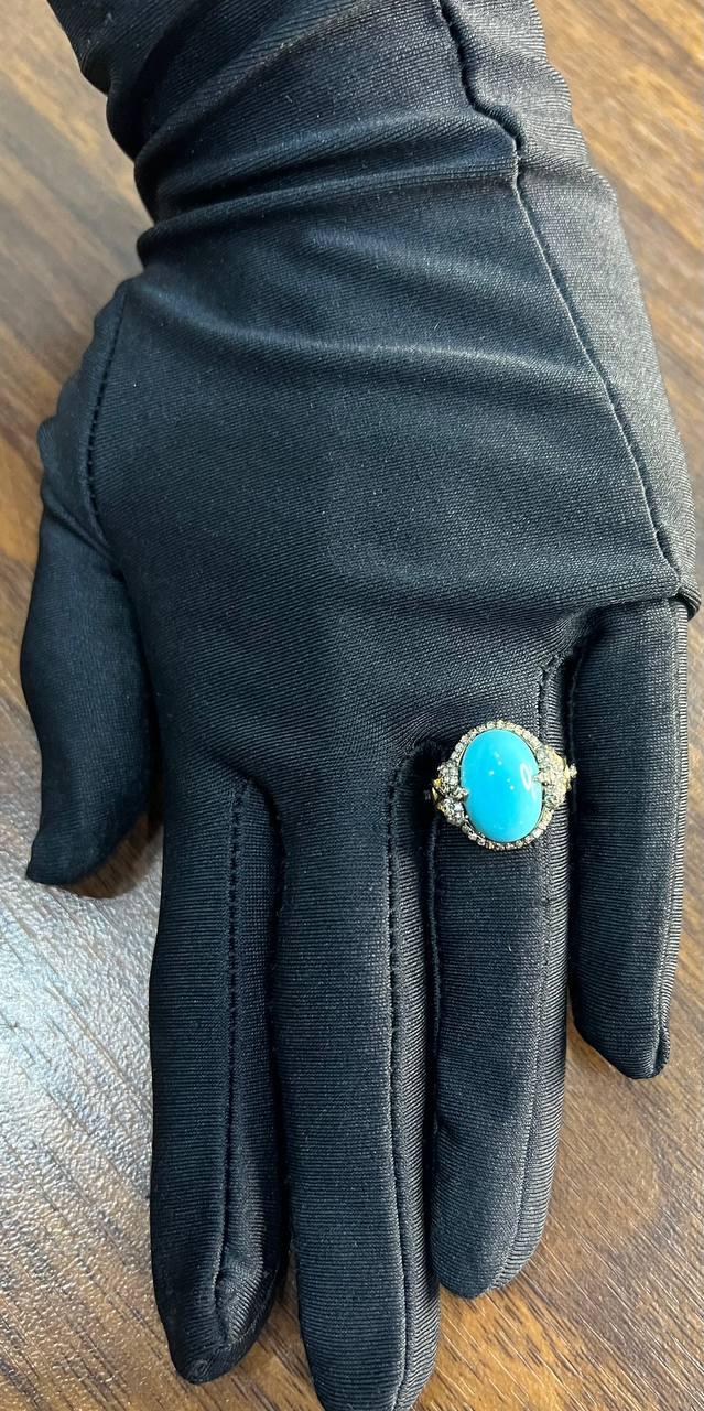 Oval Shape Blue Teal Turquoise Diamond Halo Pave 14K Yellow Gold Ring