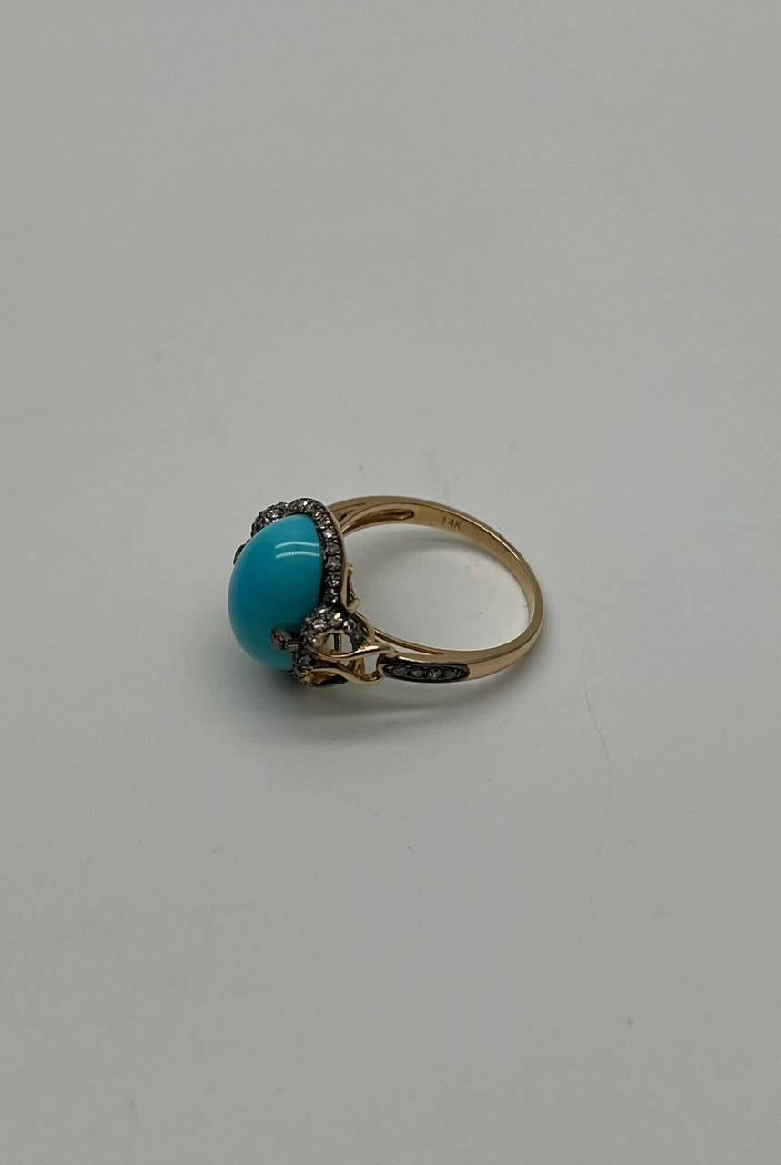 Oval Shape Blue Teal Turquoise Diamond Halo Pave 14K Yellow Gold Ring