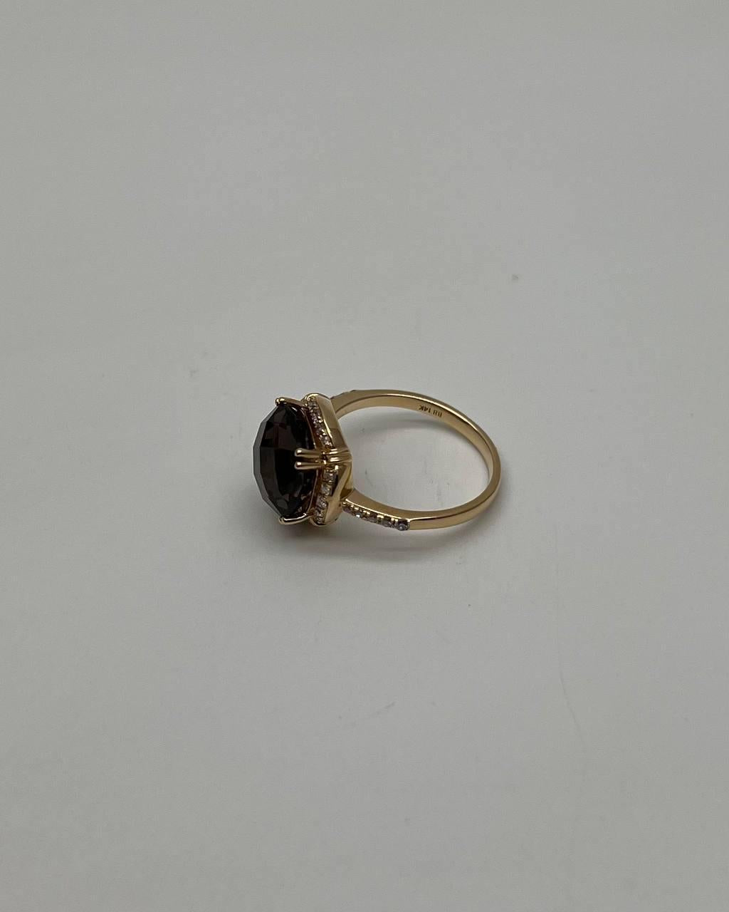 Cushion Shape Checkerboard Brown Smoky Quartz 14K Yellow Gold Diamond Halo Ring