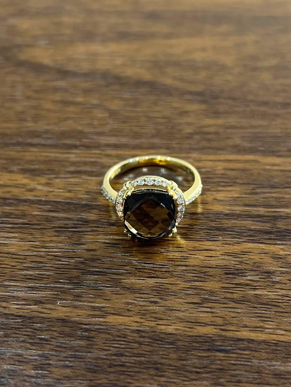 Cushion Shape Checkerboard Brown Smoky Quartz 14K Yellow Gold Diamond Halo Ring