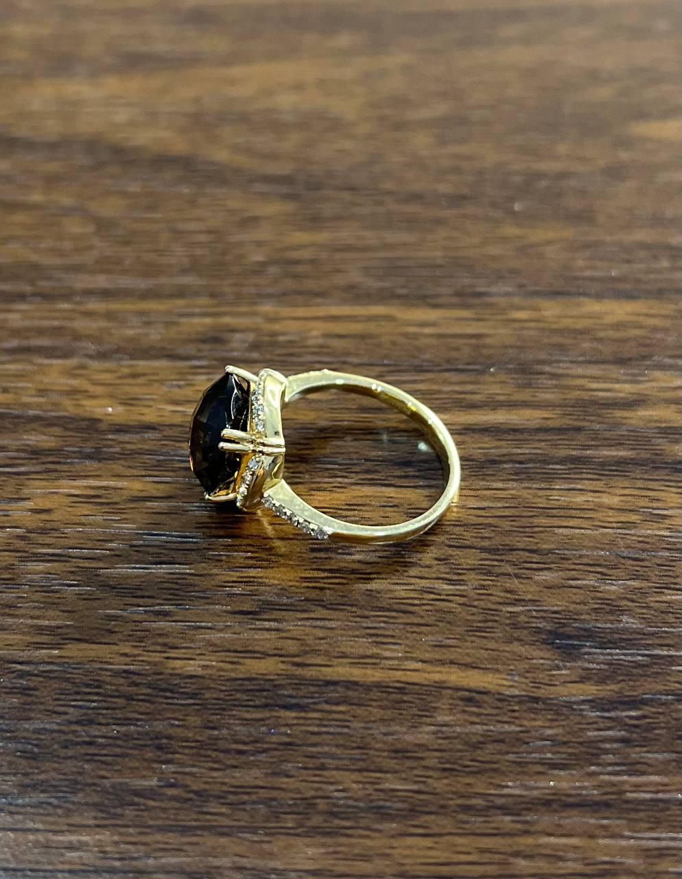 Cushion Shape Checkerboard Brown Smoky Quartz 14K Yellow Gold Diamond Halo Ring