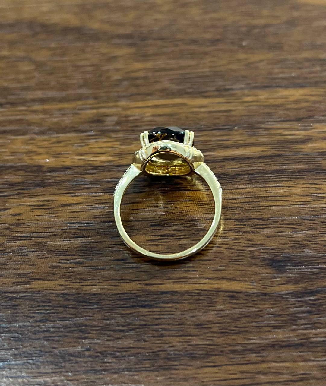 Cushion Shape Checkerboard Brown Smoky Quartz 14K Yellow Gold Diamond Halo Ring