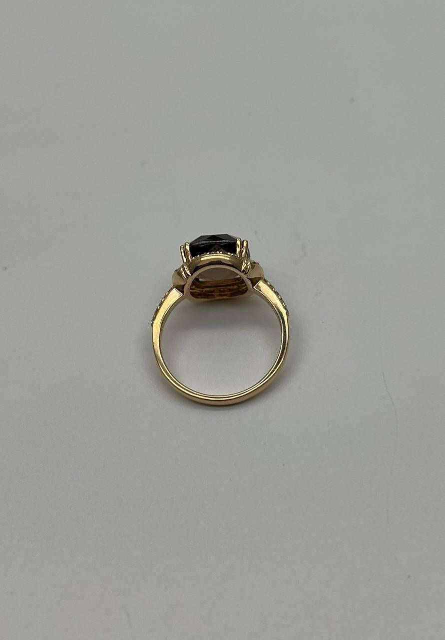Cushion Shape Checkerboard Brown Smoky Quartz 14K Yellow Gold Diamond Halo Ring