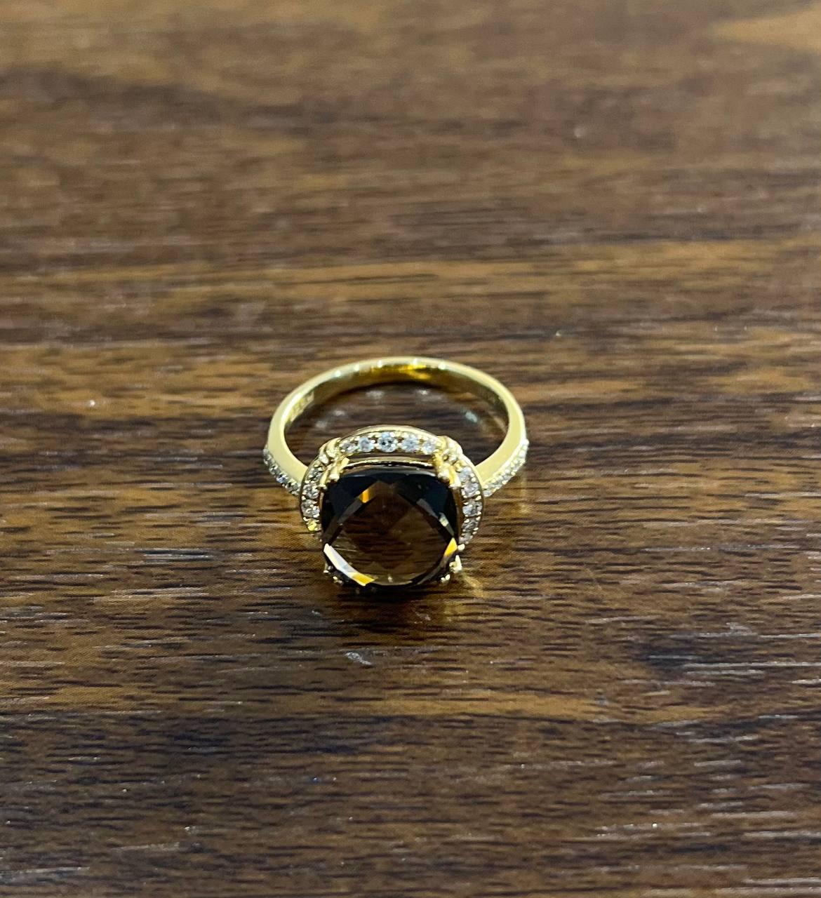 Cushion Shape Checkerboard Brown Smoky Quartz 14K Yellow Gold Diamond Halo Ring