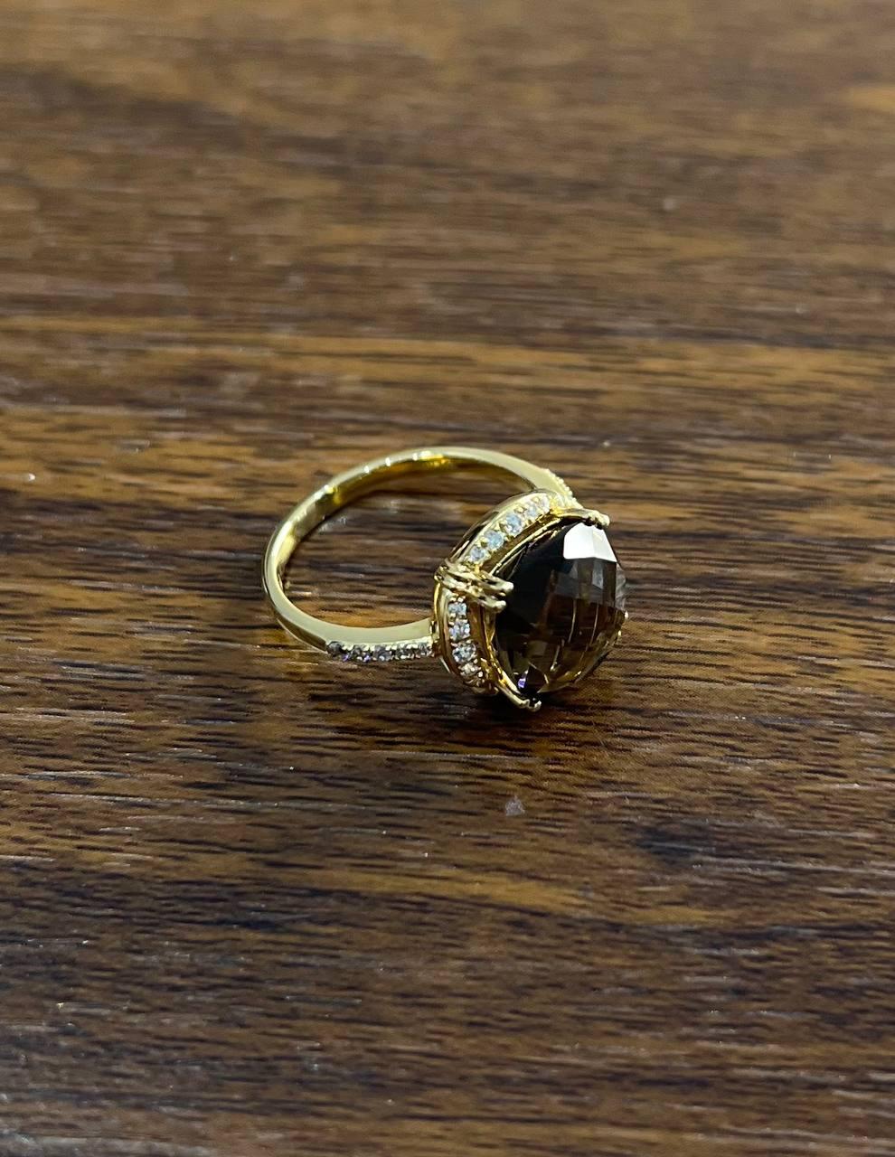 Cushion Shape Checkerboard Brown Smoky Quartz 14K Yellow Gold Diamond Halo Ring
