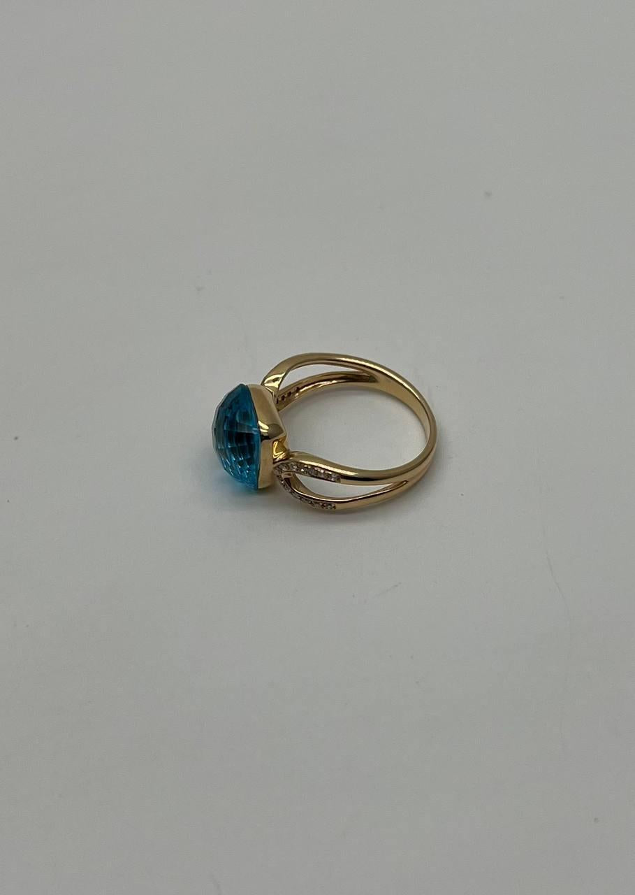 Cushion Shape Swiss Blue Topaz Split Shank 14K Yellow Gold Diamonds Fashion Ring