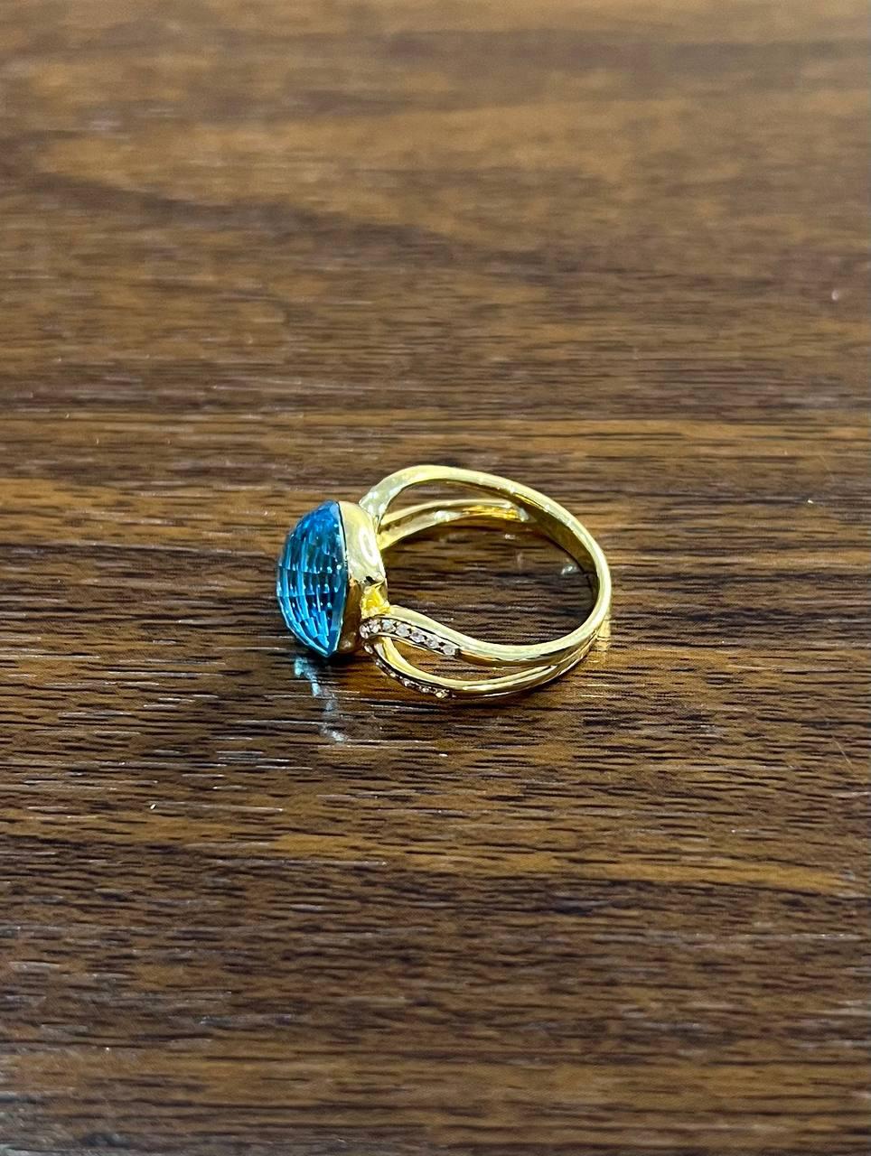 Cushion Shape Swiss Blue Topaz Split Shank 14K Yellow Gold Diamonds Fashion Ring