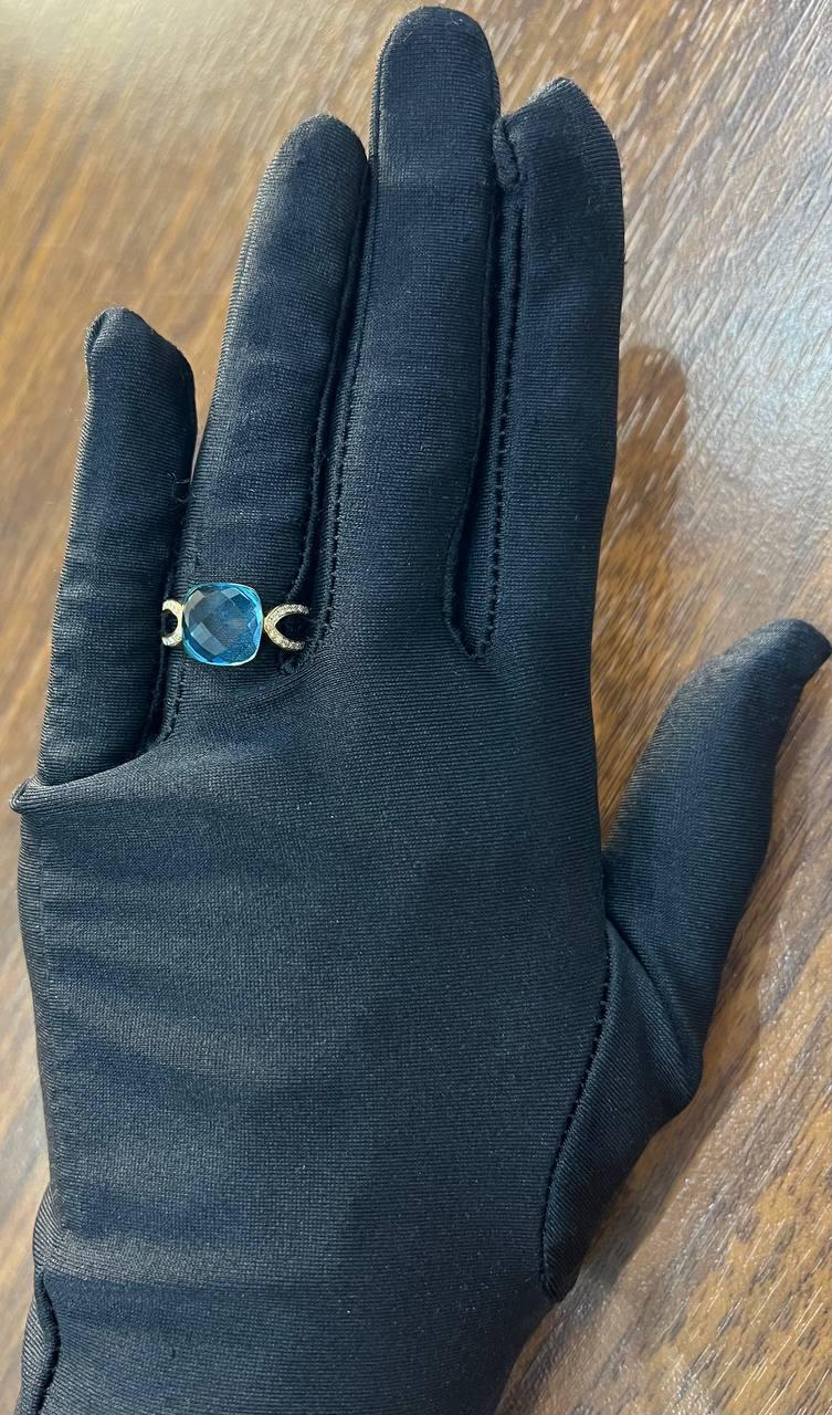 Cushion Shape Swiss Blue Topaz Split Shank 14K Yellow Gold Diamonds Fashion Ring