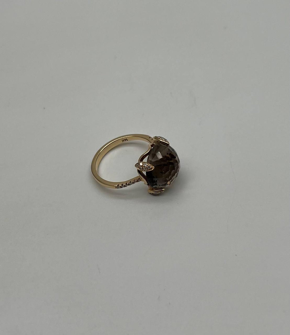 Round Shape Brown Smoky Quartz Diamond Accented Pave 14K Yellow Gold Ring