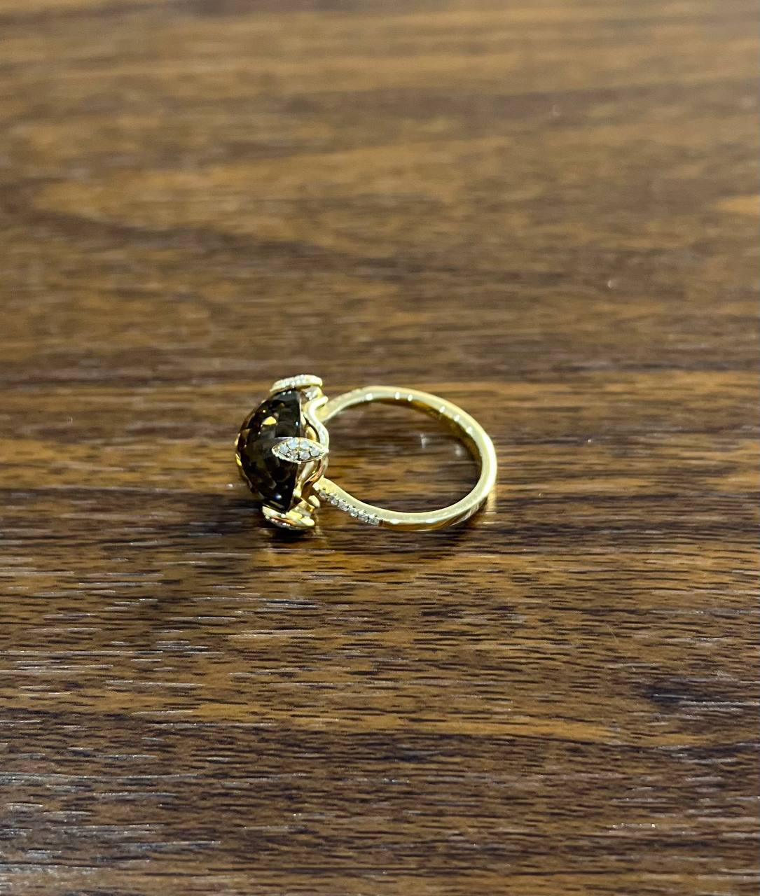 Round Shape Brown Smoky Quartz Diamond Accented Pave 14K Yellow Gold Ring