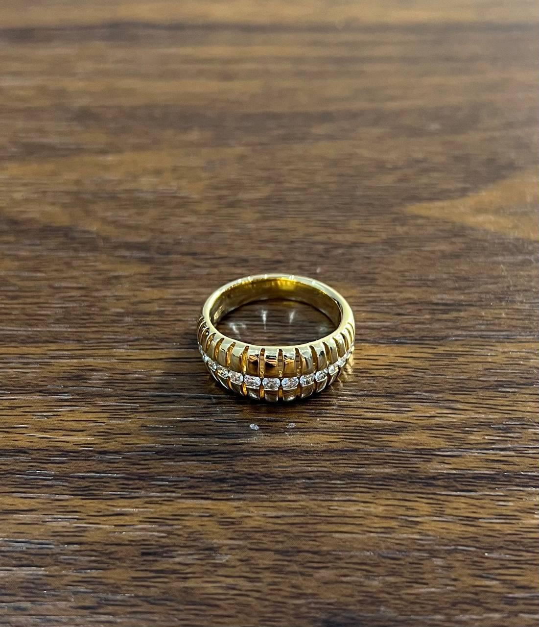 Unique Shape Diamond Channel Set 14K Yellow Gold Cocktail Grooved Dome Band Ring