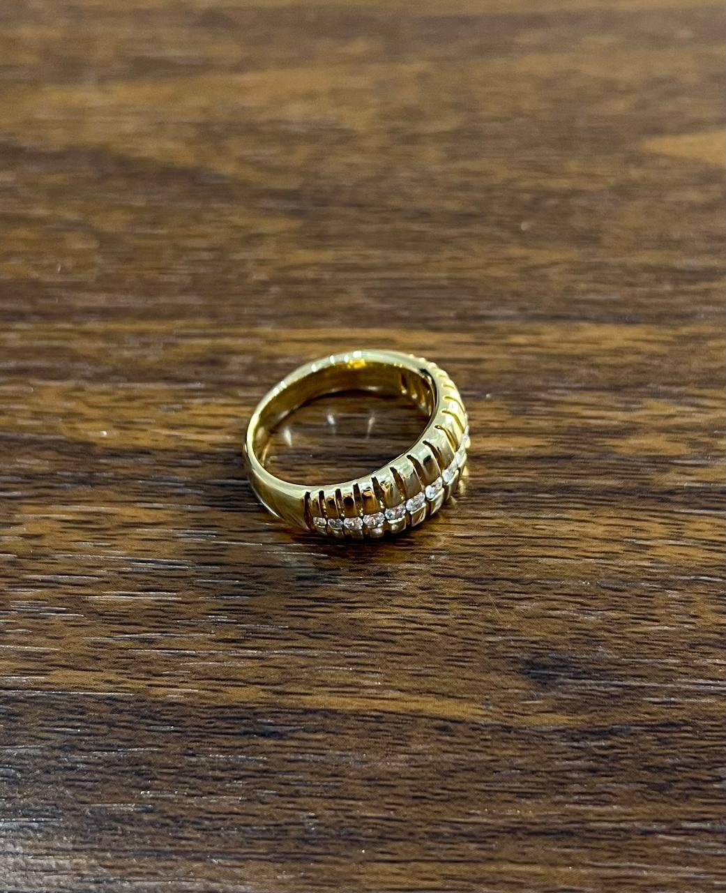 Unique Shape Diamond Channel Set 14K Yellow Gold Cocktail Grooved Dome Band Ring