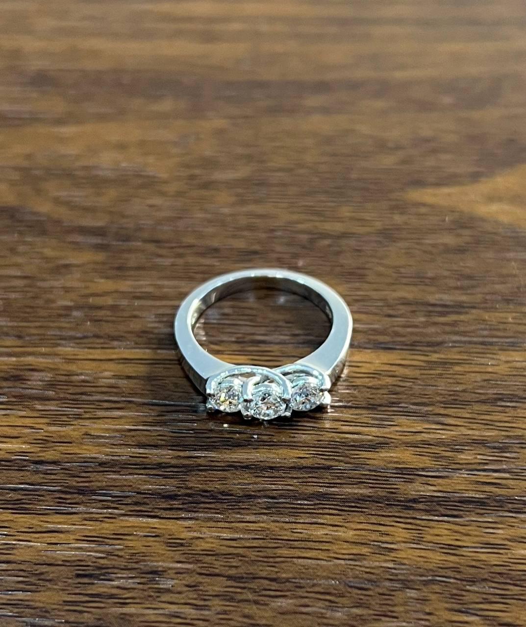 Three Stone Round Shape Brilliant Cut White Diamond White Gold Statement Ring