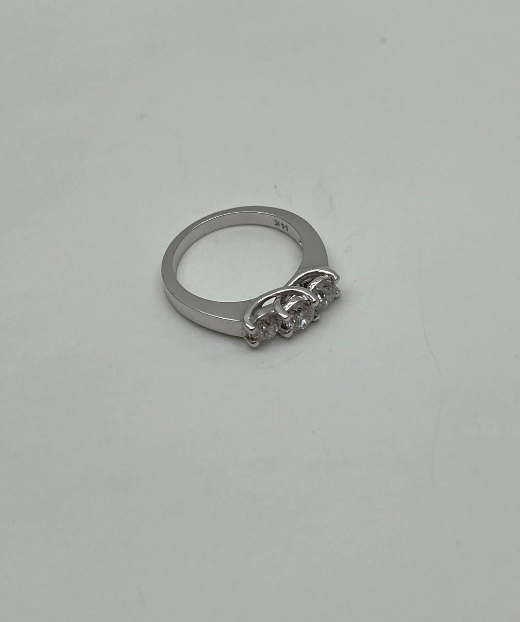 Three Stone Round Shape Brilliant Cut White Diamond White Gold Statement Ring