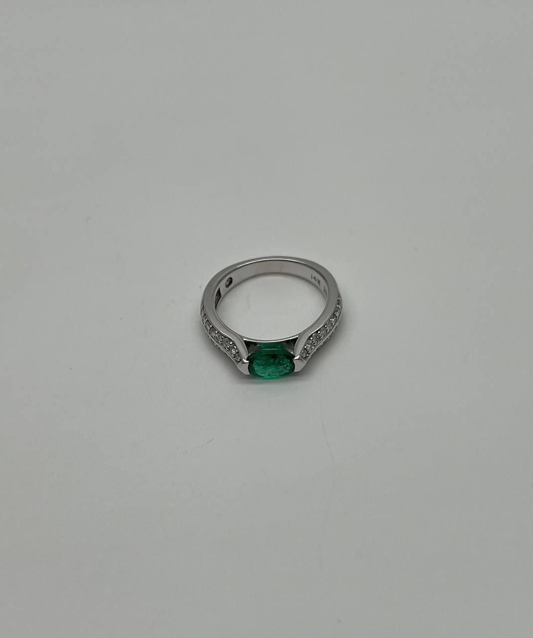 Oval Shape Green Emerald Horizontal Set 14K White Gold Diamonds Pave Ring