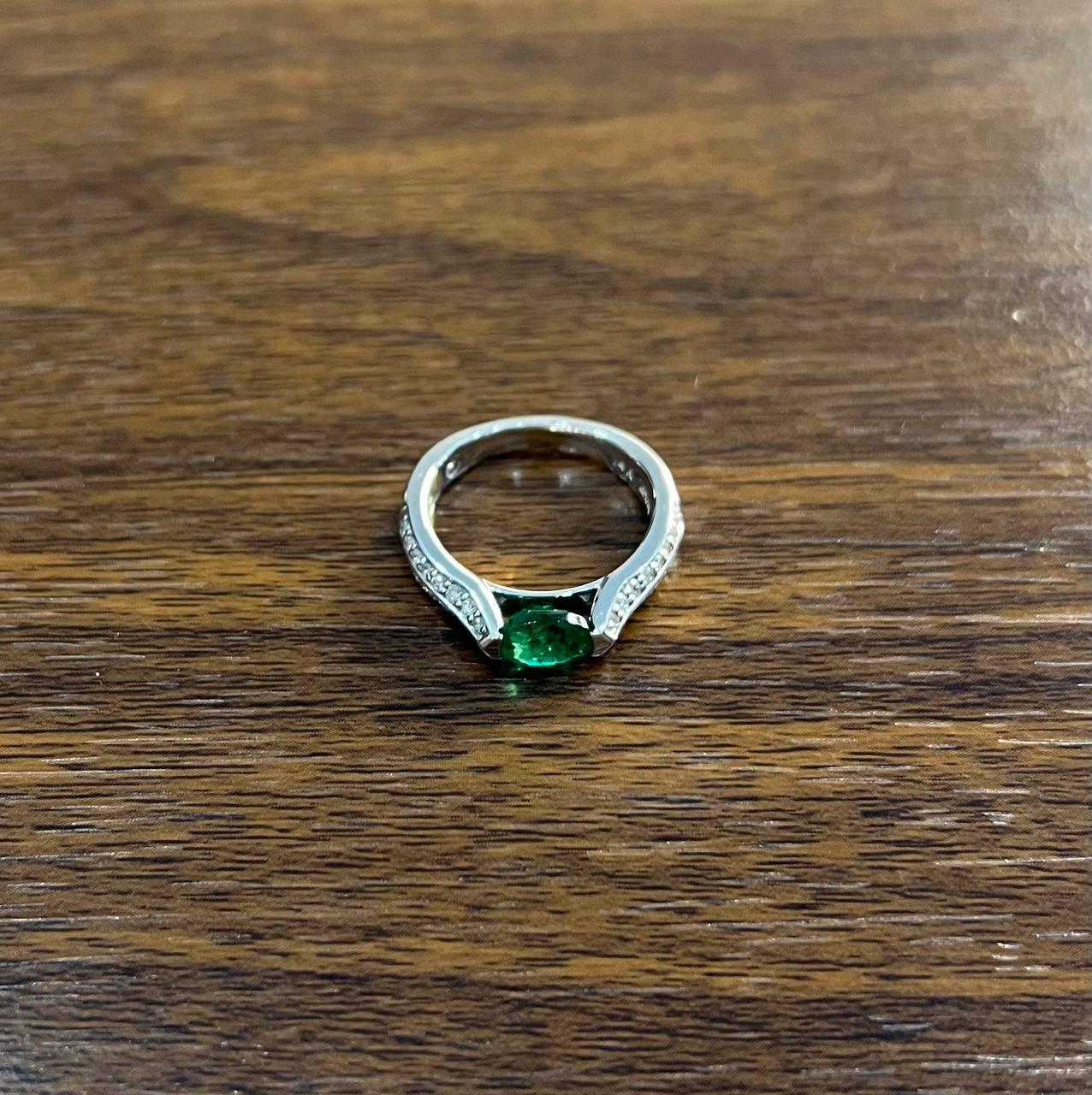 Oval Shape Green Emerald Horizontal Set 14K White Gold Diamonds Pave Ring