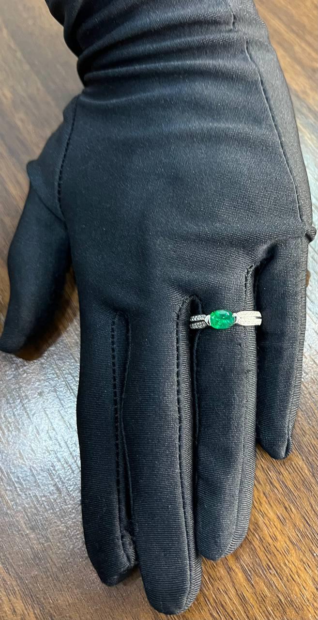 Oval Shape Green Emerald Horizontal Set 14K White Gold Diamonds Pave Ring