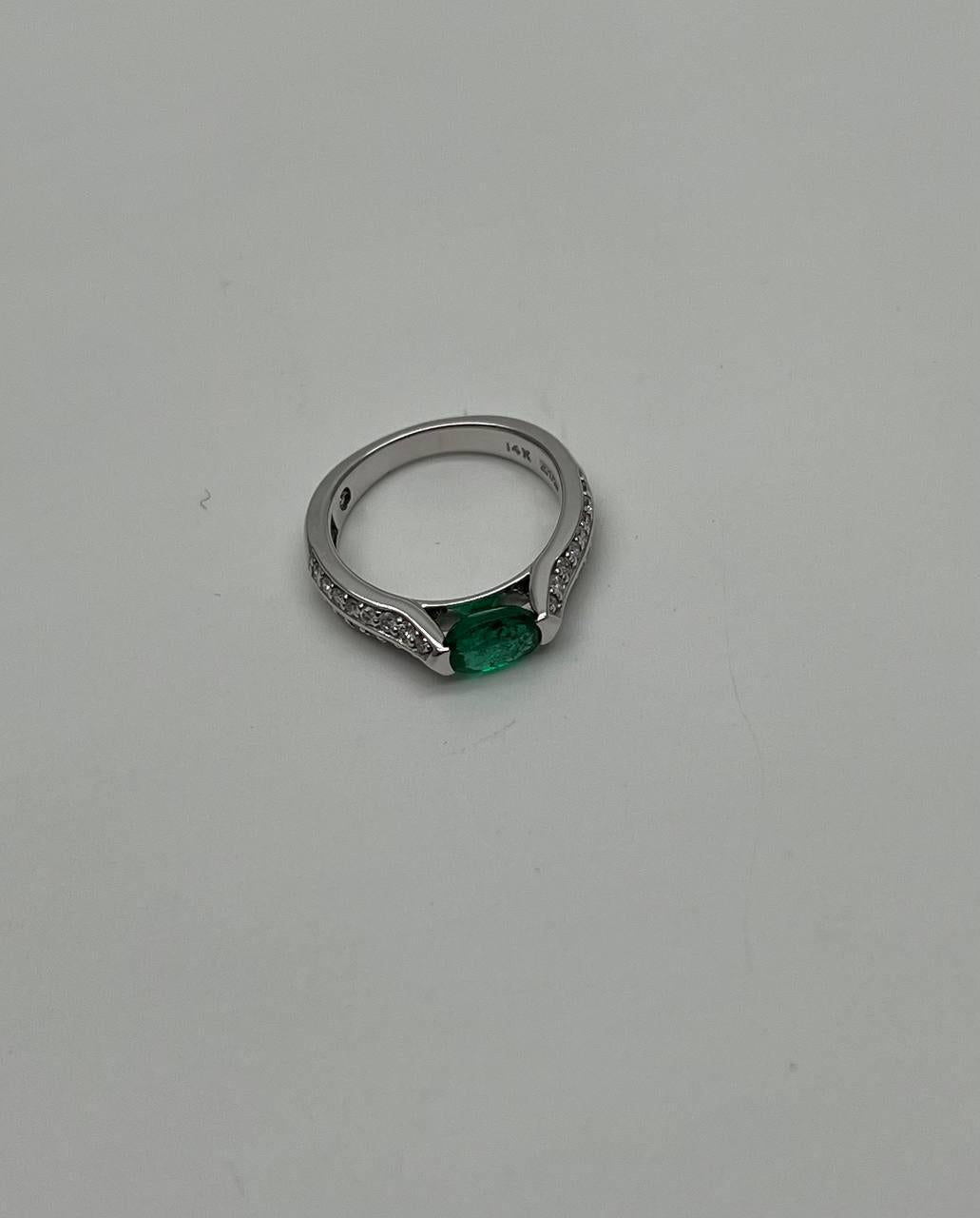 Oval Shape Green Emerald Horizontal Set 14K White Gold Diamonds Pave Ring